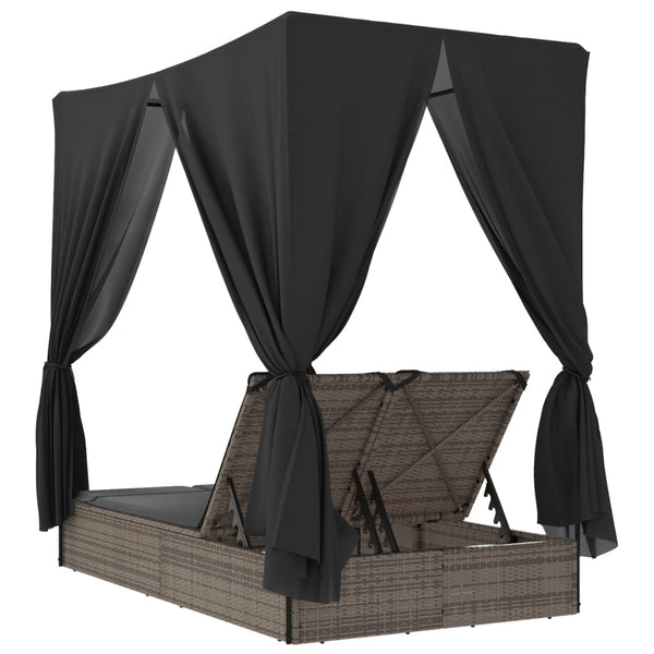 Doppel Sonnenliege mit Dach Grau Poly Rattan