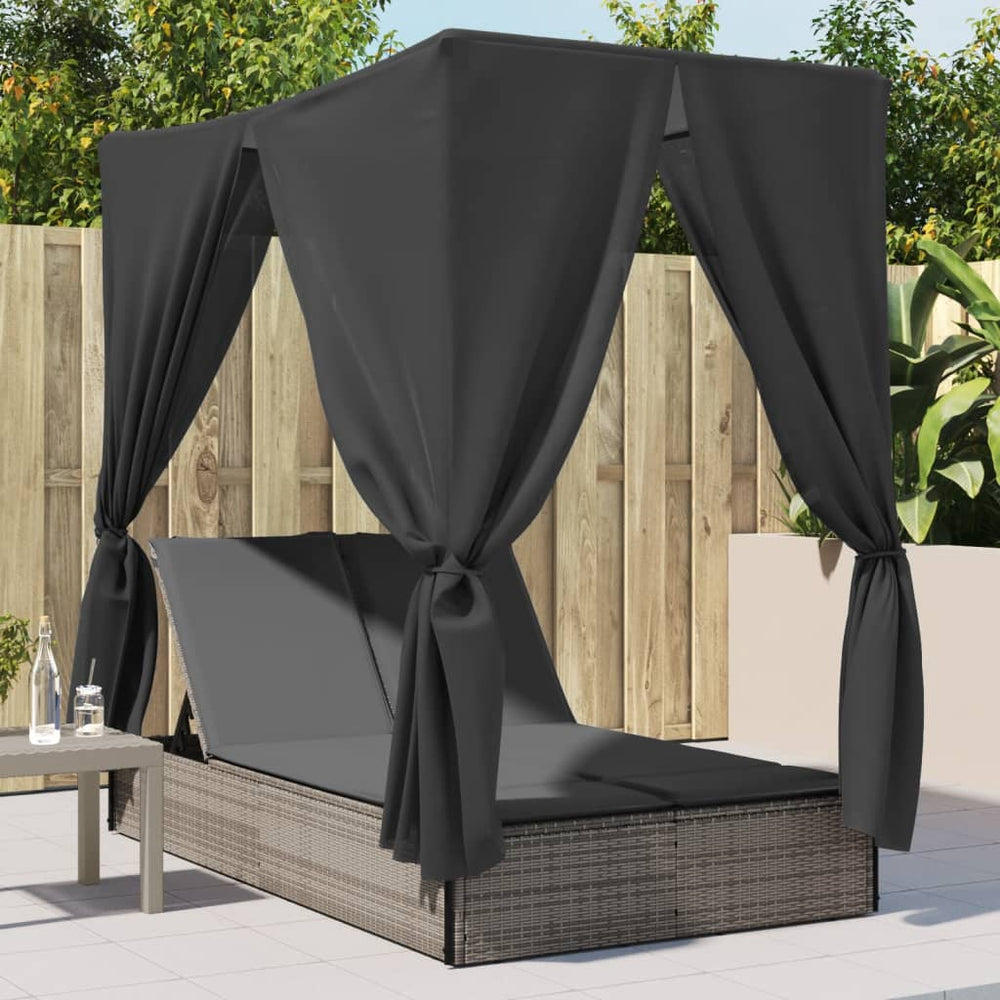 Doppel Sonnenliege mit Dach Grau Poly Rattan