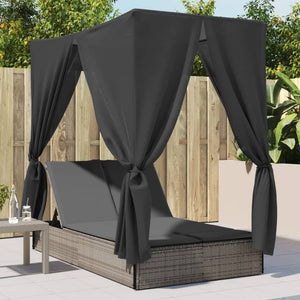 Doppel Sonnenliege mit Dach Grau Poly Rattan