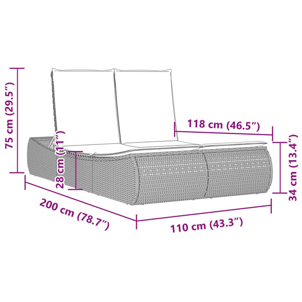 Doppel Sonnenliege mit Kissen, Schwarz Poly Rattan