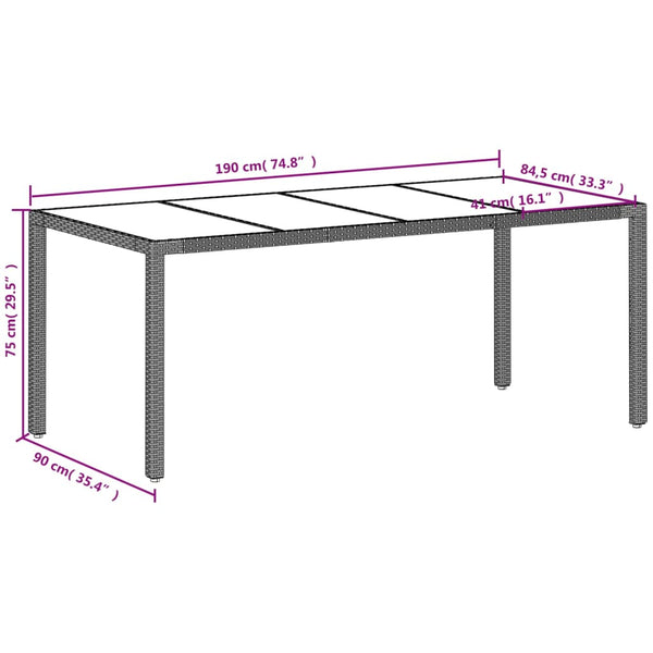 vidaXL Table de jardin avec plateau en verre Gris clair 190x90x75 cm Résine tressée