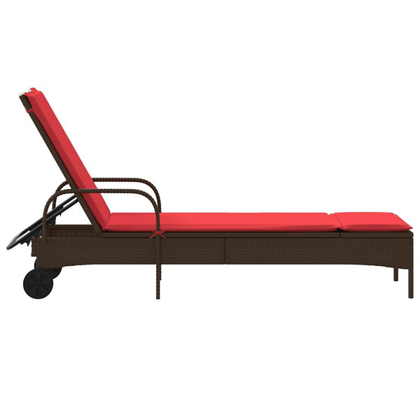 Sonnenliege Braun Poly Rattan mit Kissen & Rollen