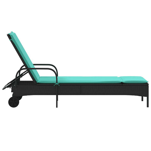 Schwarze Poly Rattan Sonnenliege mit Kissen & Rollen