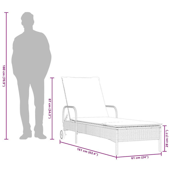 Schwarze Poly Rattan Sonnenliege mit Kissen & Rollen