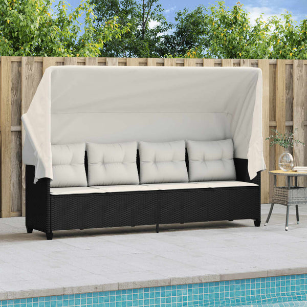 Schwarze Poly Rattan Sonnenliege mit Dach