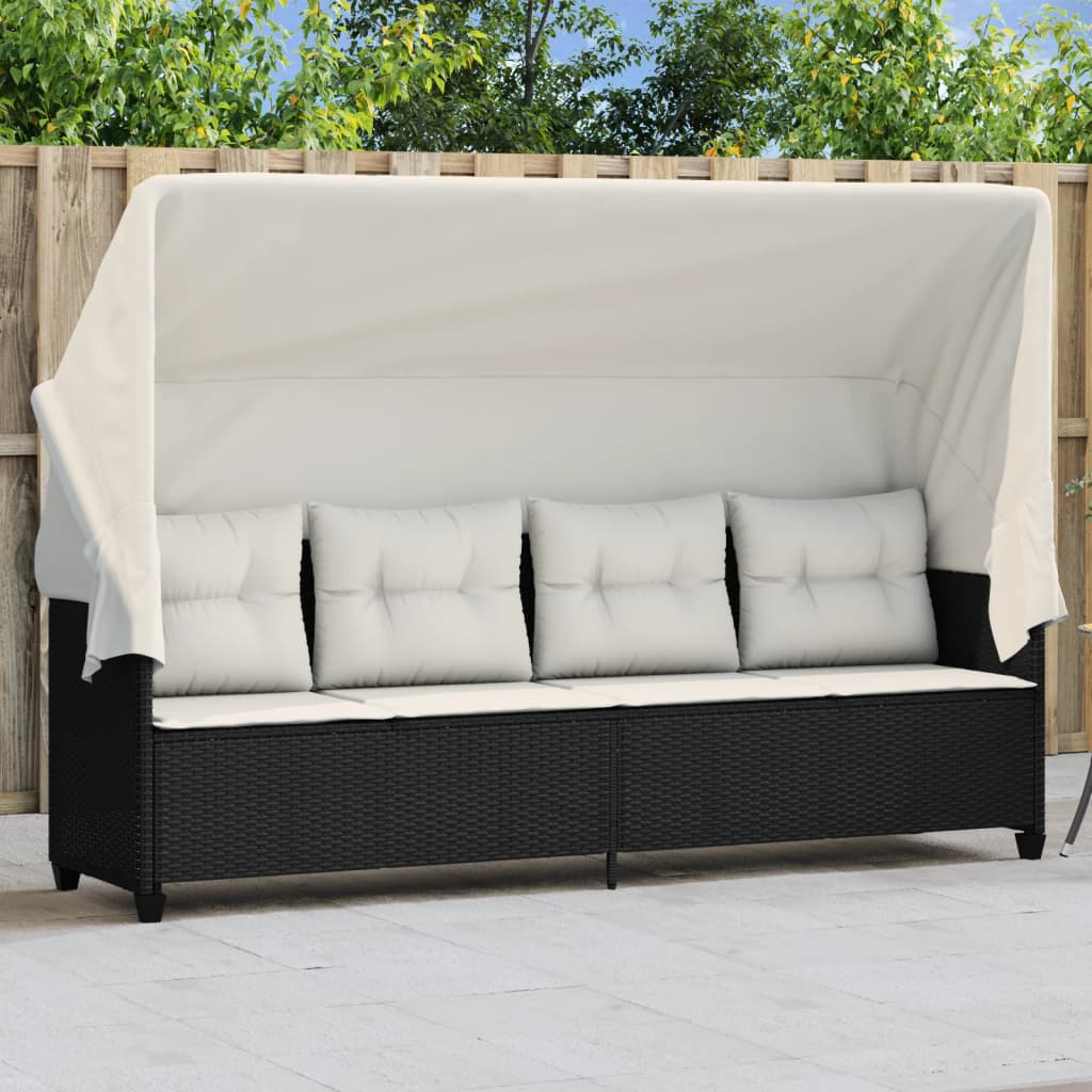 Schwarze Poly Rattan Sonnenliege mit Dach