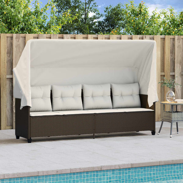 Sonnenliege Braun Poly Rattan mit Dach