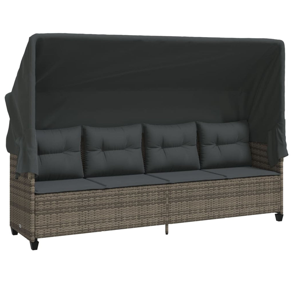 Sonnenliege Grau Poly Rattan mit Dach & Kissen