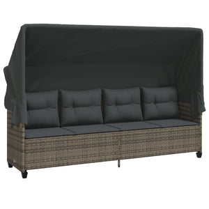 Sonnenliege Grau Poly Rattan mit Dach & Kissen