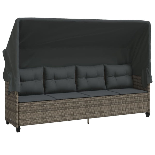Sonnenliege Grau Poly Rattan mit Dach & Kissen