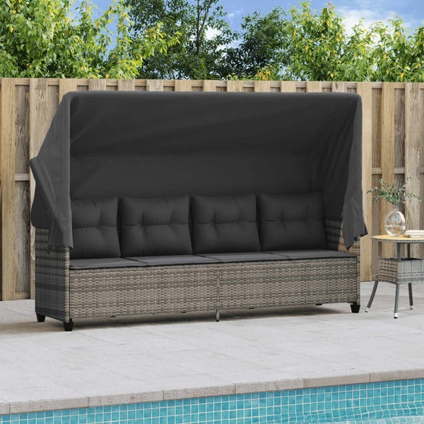 Sonnenliege Grau Poly Rattan mit Dach & Kissen
