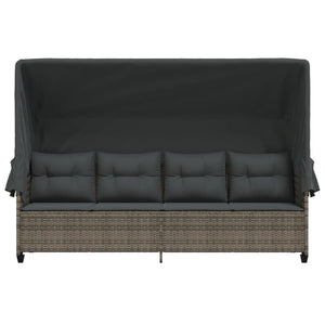 Sonnenliege Grau Poly Rattan mit Dach & Kissen