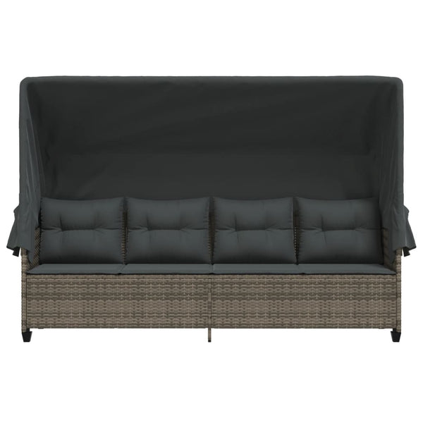 Sonnenliege Grau Poly Rattan mit Dach & Kissen