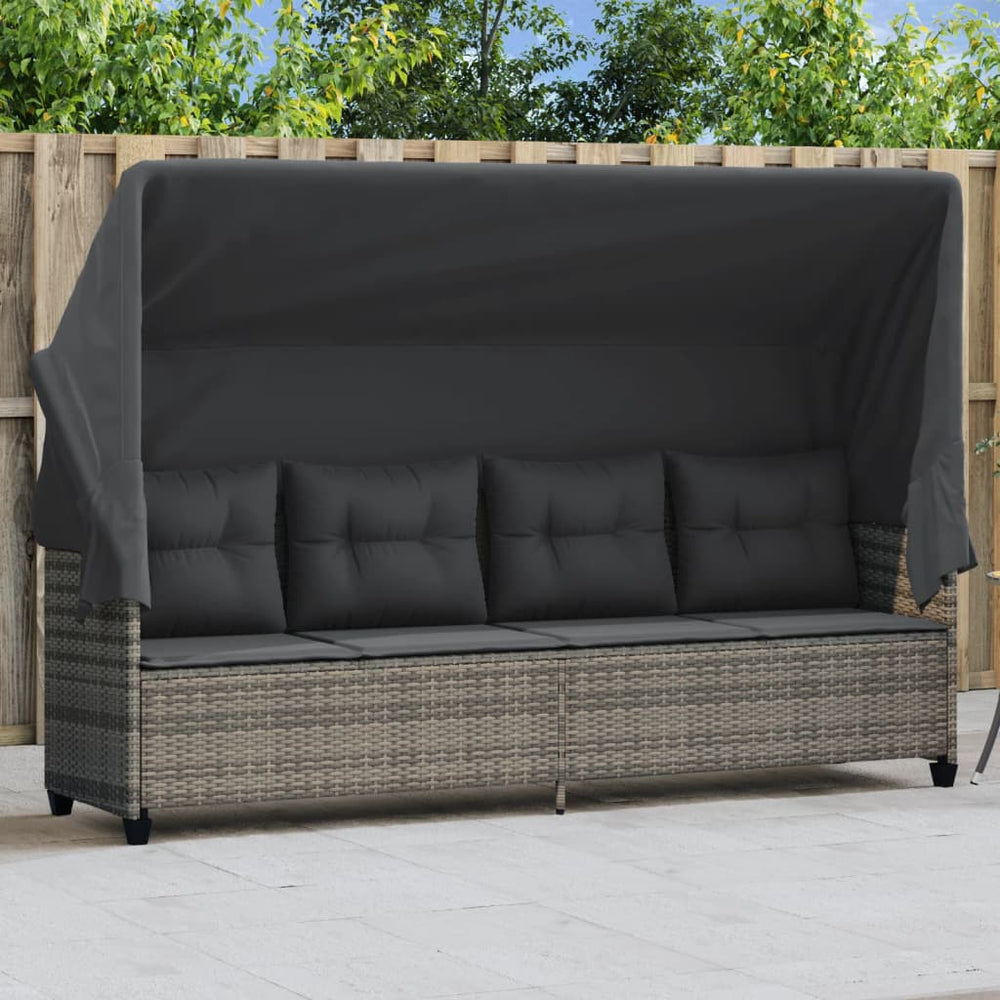 Sonnenliege Grau Poly Rattan mit Dach & Kissen