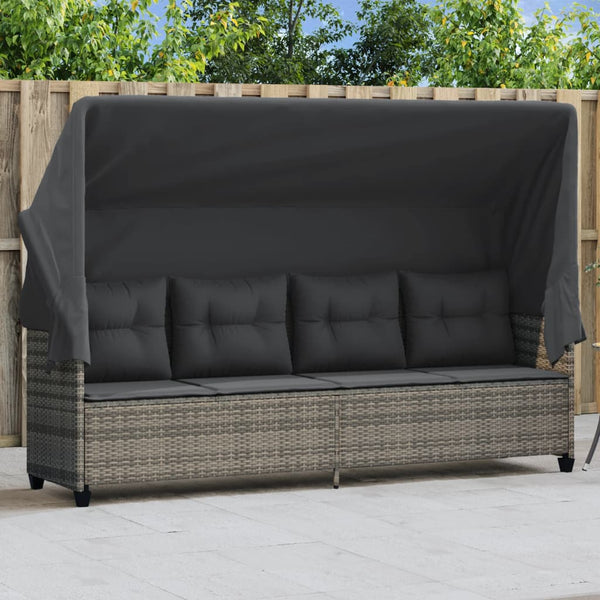 Sonnenliege Grau Poly Rattan mit Dach & Kissen