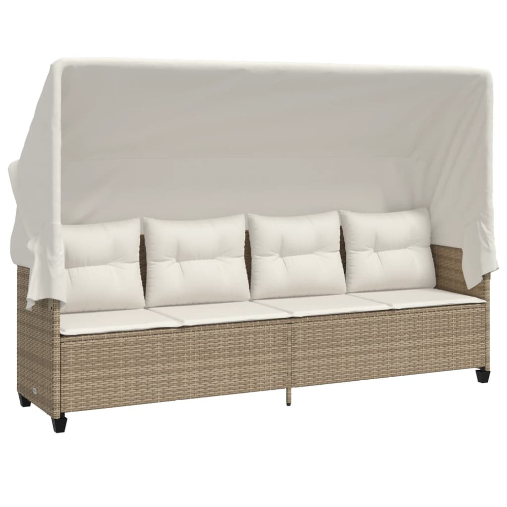 Beige Poly Rattan Sonnenliege mit Dach & Kissen
