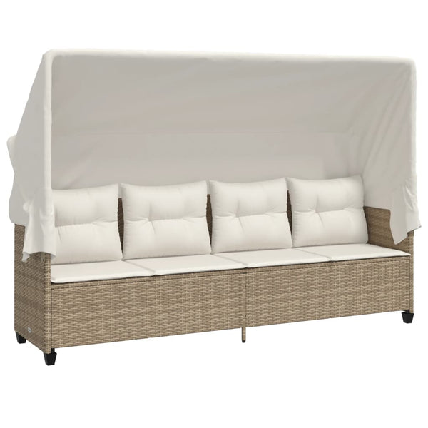 Beige Poly Rattan Sonnenliege mit Dach & Kissen