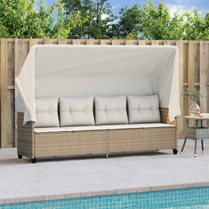 Beige Poly Rattan Sonnenliege mit Dach & Kissen