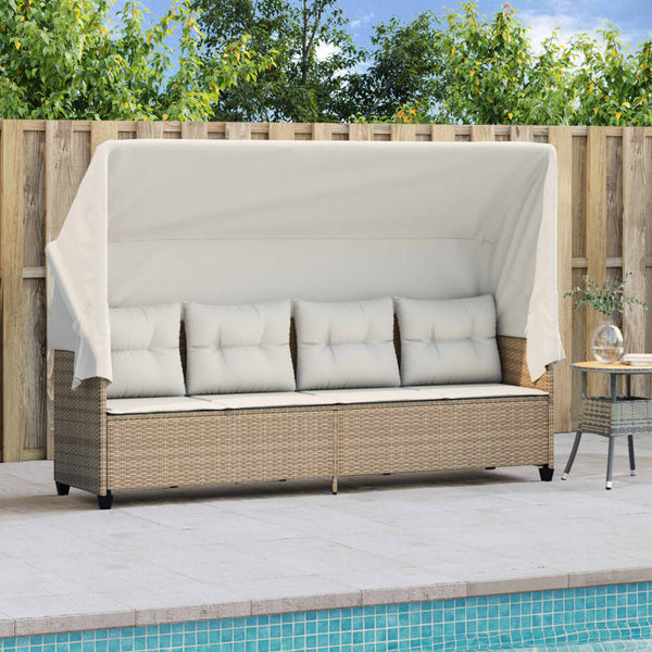 Beige Poly Rattan Sonnenliege mit Dach & Kissen
