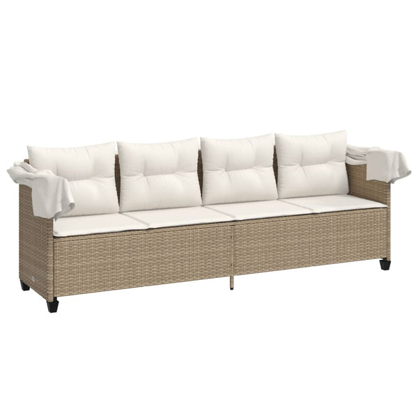 Beige Poly Rattan Sonnenliege mit Dach & Kissen