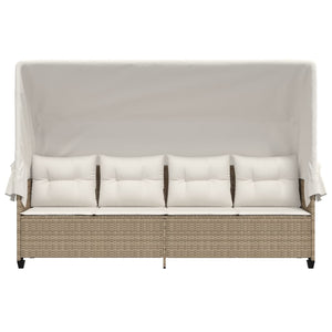 Beige Poly Rattan Sonnenliege mit Dach & Kissen