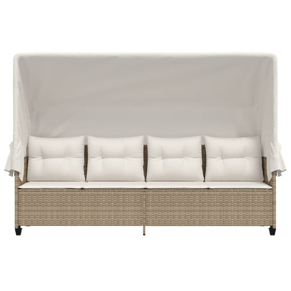 Beige Poly Rattan Sonnenliege mit Dach & Kissen