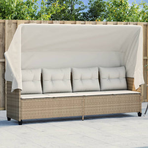 Beige Poly Rattan Sonnenliege mit Dach & Kissen