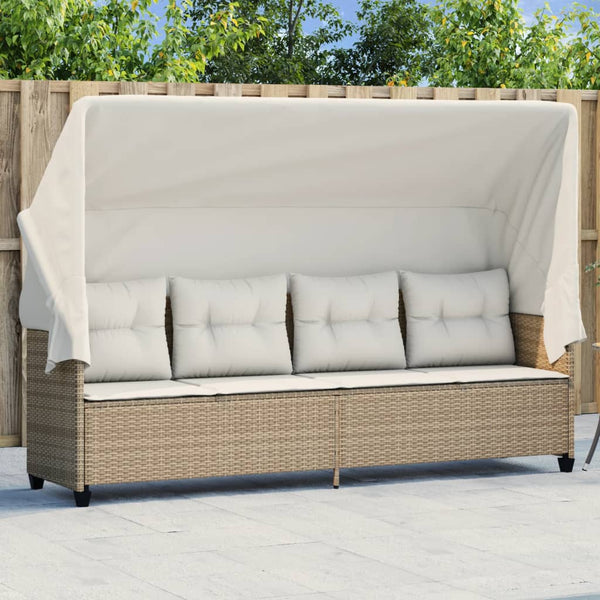 Beige Poly Rattan Sonnenliege mit Dach & Kissen