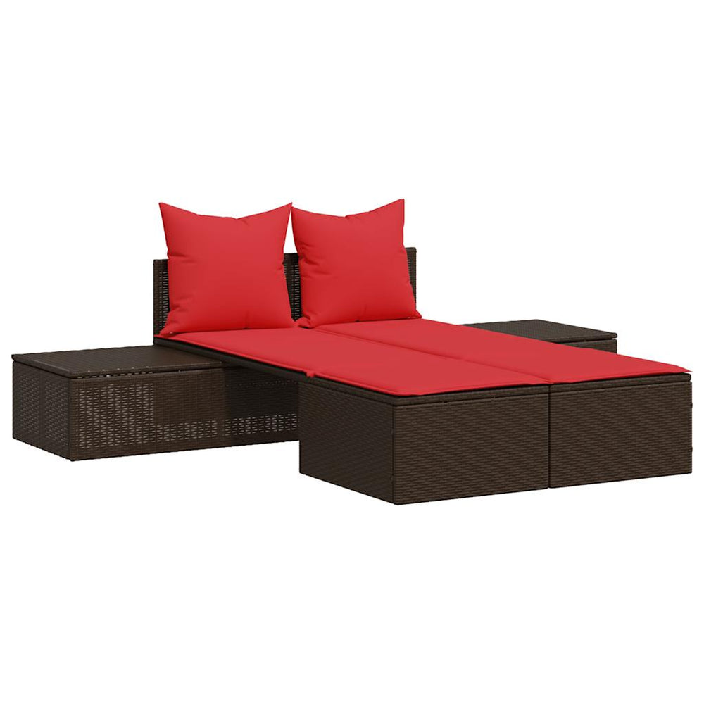 Doppelte Sonnenliege Braun Poly Rattan mit Kissen