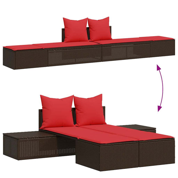 Doppelte Sonnenliege Braun Poly Rattan mit Kissen