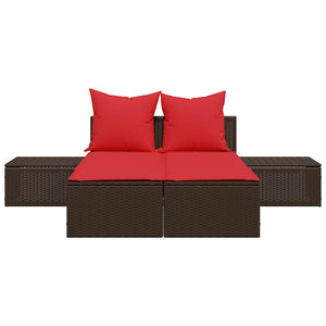 Doppelte Sonnenliege Braun Poly Rattan mit Kissen