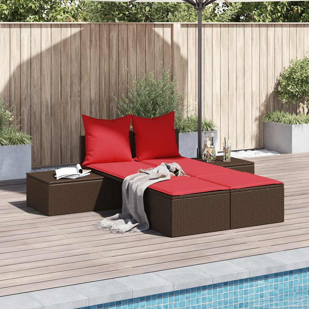 Doppelte Sonnenliege Braun Poly Rattan mit Kissen