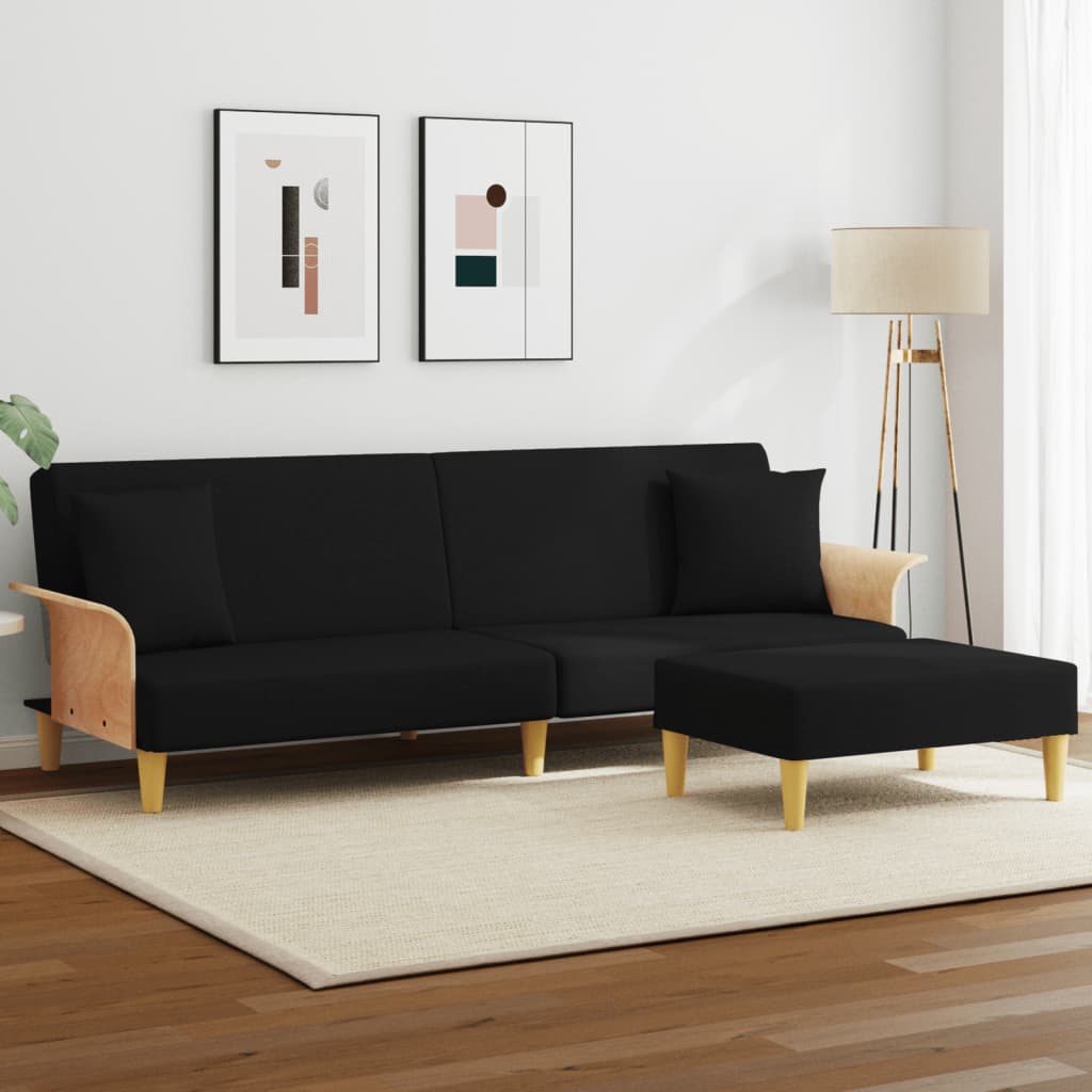 Schlafsofa 2-Sitzer Samt mit Hocker Schwarz