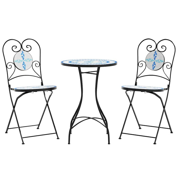 vidaXL Ensemble bistrot mosaïque bleu et blanc en fer et céramique