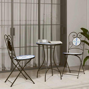 vidaXL Ensemble bistrot mosaïque bleu et blanc en fer et céramique
