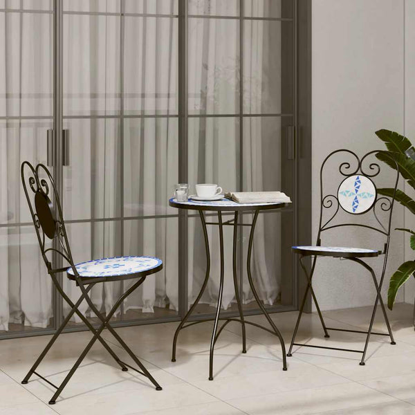 vidaXL Ensemble bistrot mosaïque bleu et blanc en fer et céramique