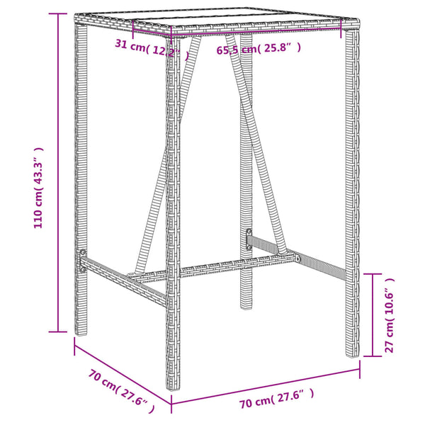 Garten Bartisch Braun Poly Rattan 70x70x110cm
