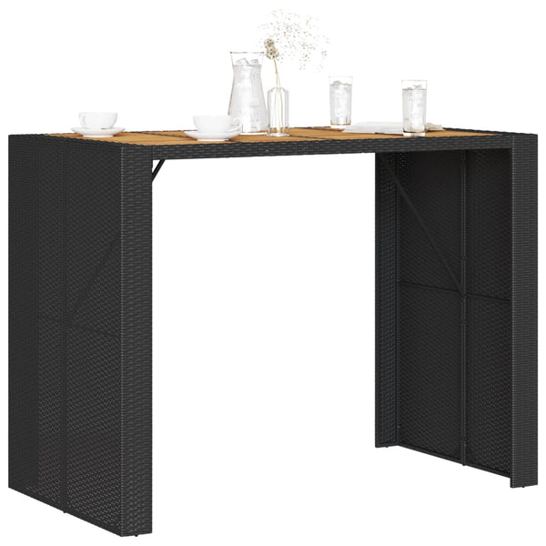 Schwarzer Polyrattan Bartisch mit Holzplatte 145x80x110 cm