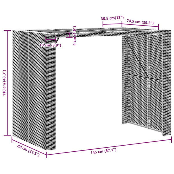 Schwarzer Polyrattan Bartisch mit Holzplatte 145x80x110 cm