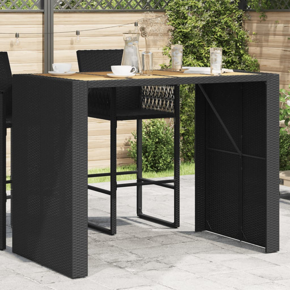 Schwarzer Polyrattan Bartisch mit Holzplatte 145x80x110 cm