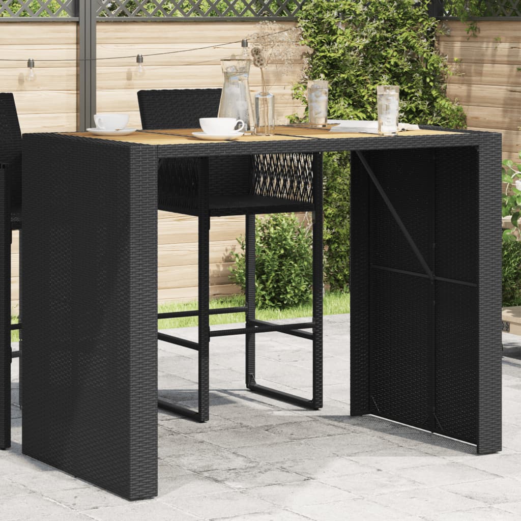 Schwarzer Polyrattan Bartisch mit Holzplatte 145x80x110 cm