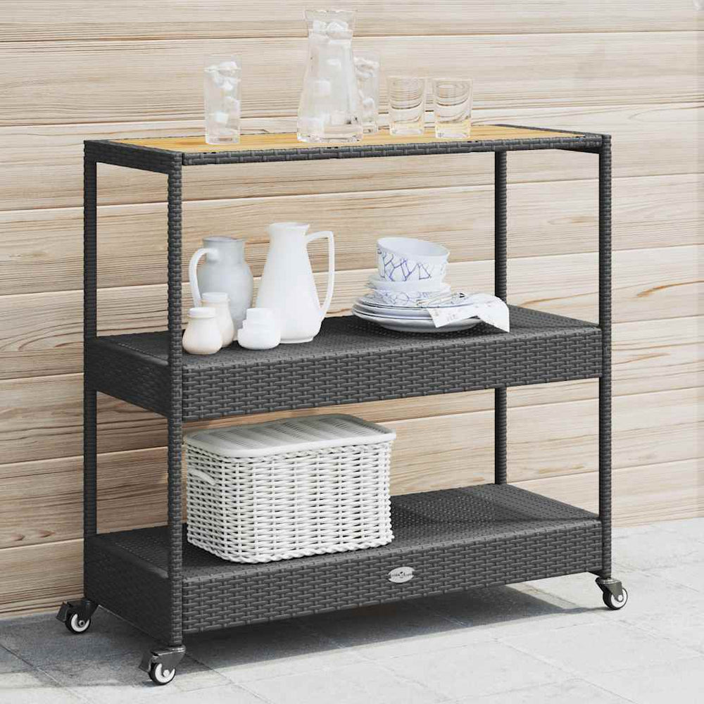 vidaXL Bar Cart 3 Tiers Black Poly Rattan and Solid Acacia Wood