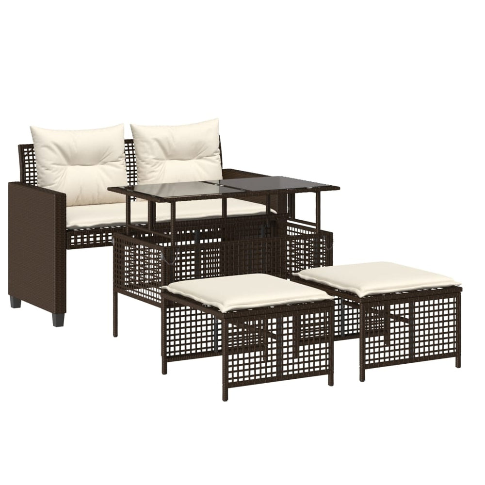 vidaXL 4-piece Garden Sofa Set with Cushions Brown Poly Rattan Glass