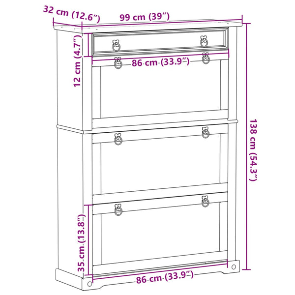 vidaXL Meuble à chaussures Corona 99x32x138 cm Bois de pin massif