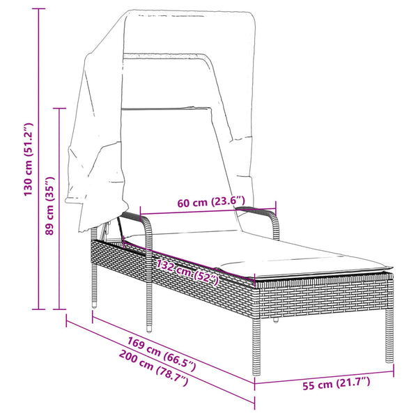Schwarze Poly Rattan Sonnenliege mit Dach