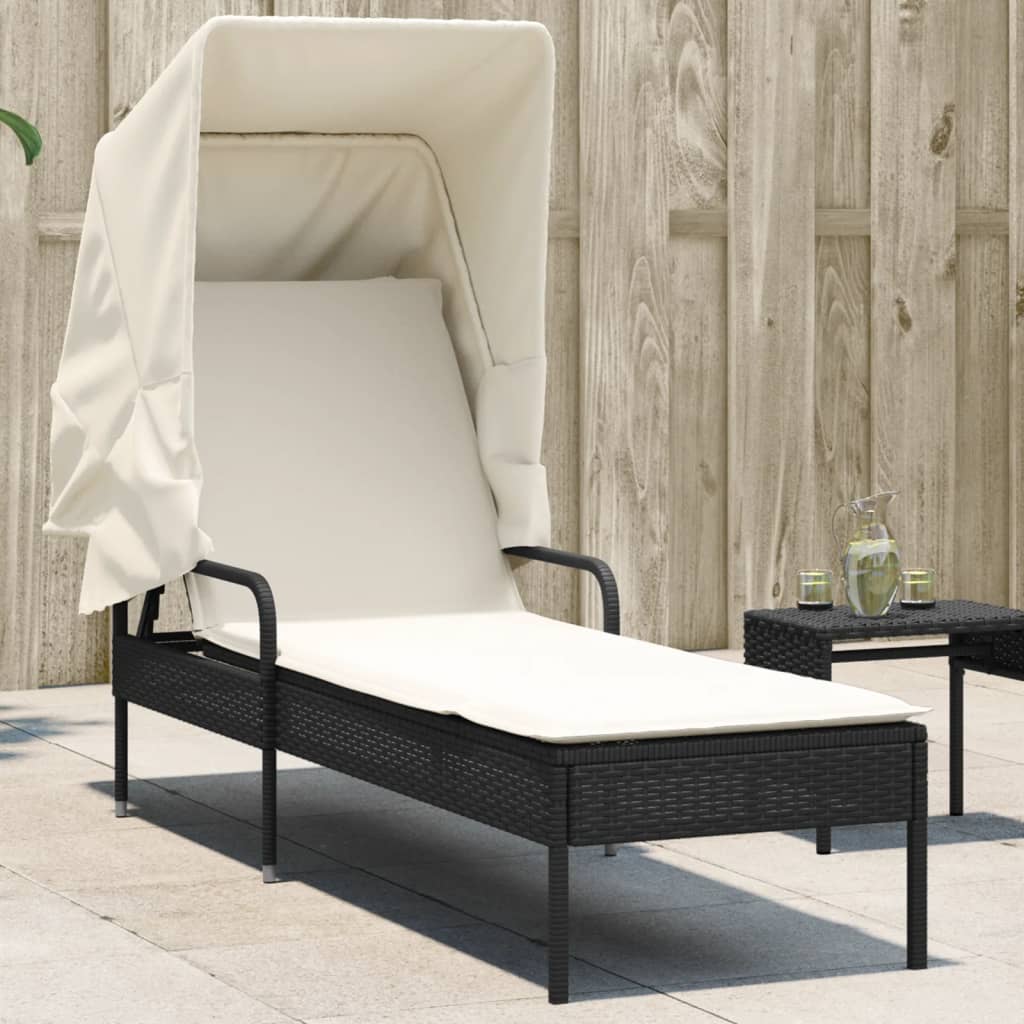 Schwarze Poly Rattan Sonnenliege mit Dach