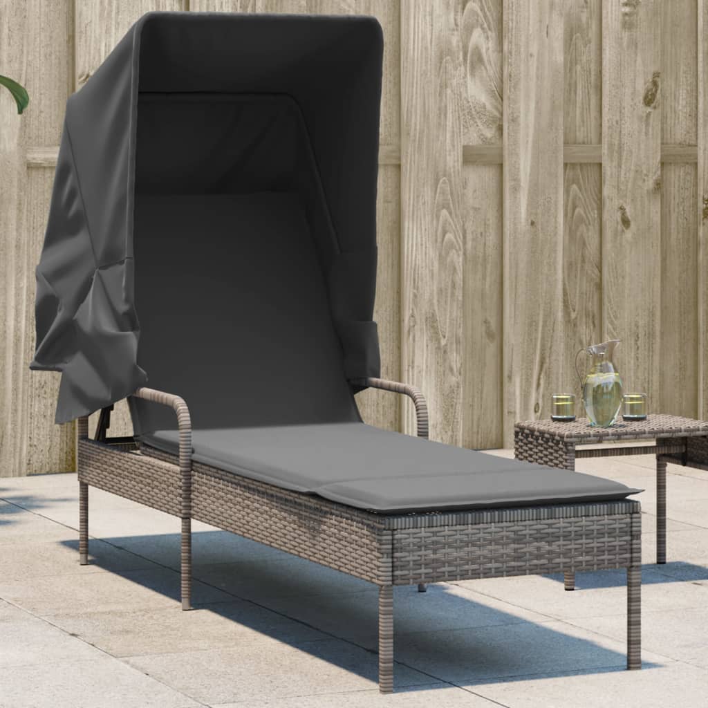 Sonnenliege Grau Poly Rattan mit Dach