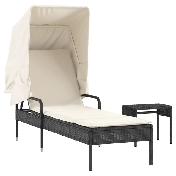 Schwarze Poly Rattan Sonnenliege mit Dach & Tisch
