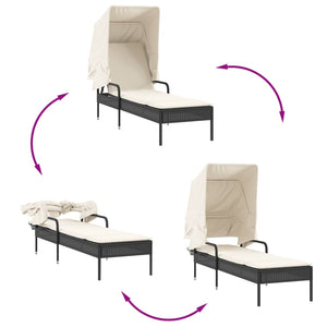 Schwarze Poly Rattan Sonnenliege mit Dach & Tisch