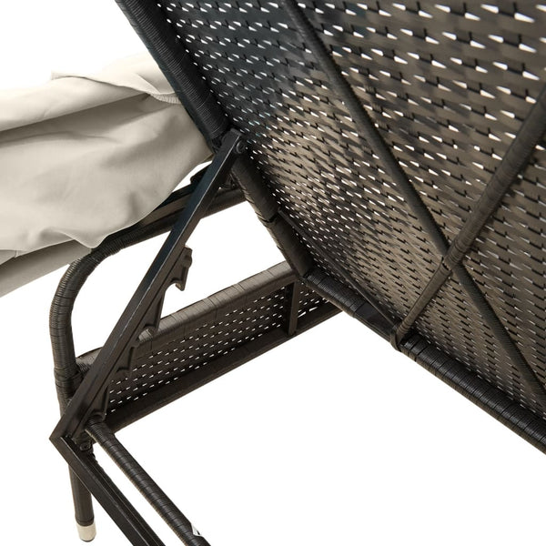 Schwarze Poly Rattan Sonnenliege mit Dach & Tisch